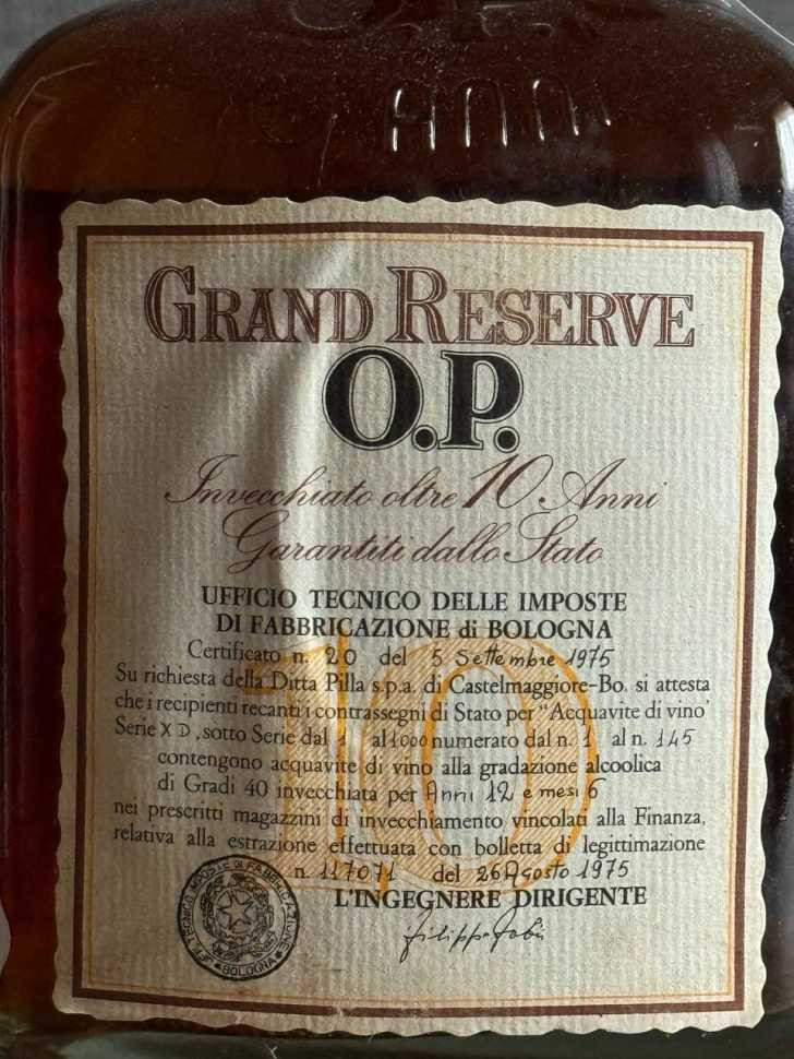 Brandy O.P. ORO PILLA Grand Reserve 10 лет, 1975 года.